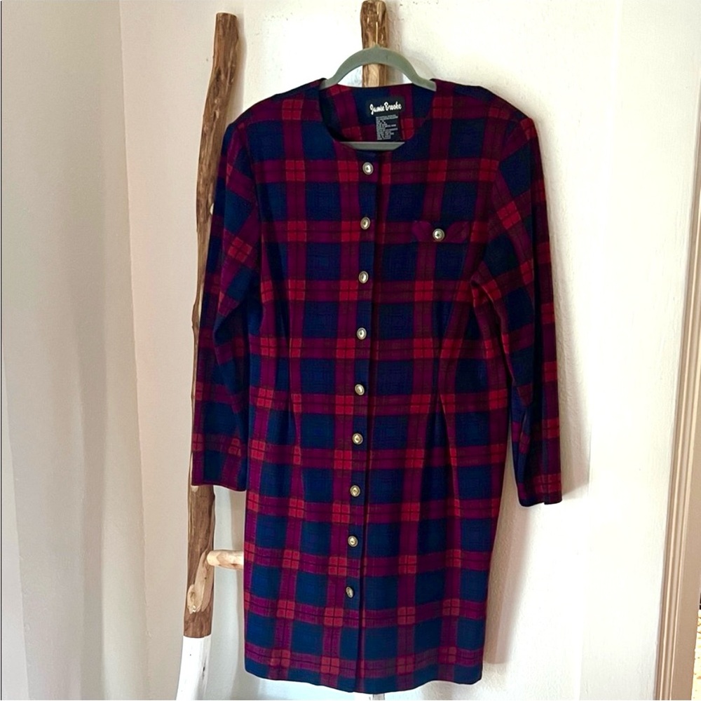 Jamie Brooke vintage 80s Plaid Red Navy Knit Long Sleeve Button Front Dress Lrg
